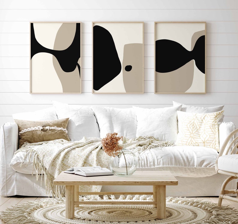 Modern Minimal Neutral Gallery Wall Art Set of 3 Black and Beige Abstract