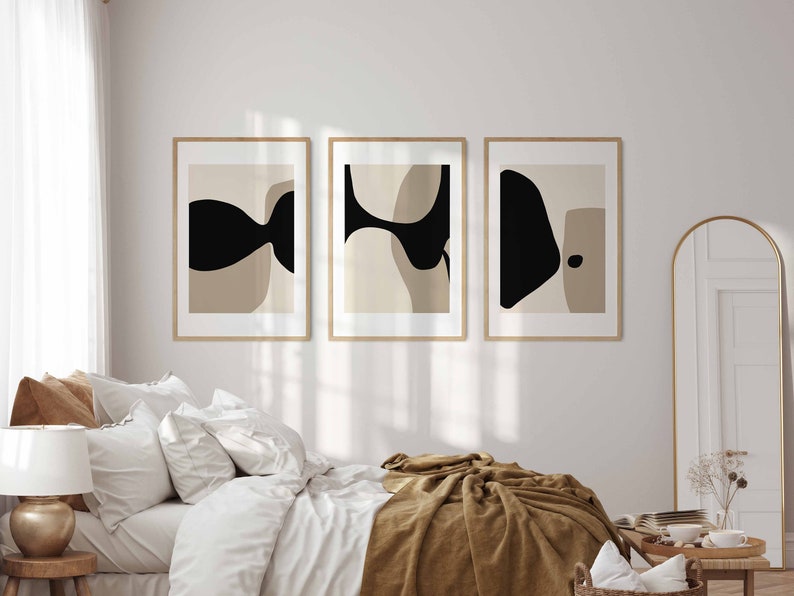 Modern Minimal Neutral Gallery Wall Art Set of 3 Black and Beige Abstract