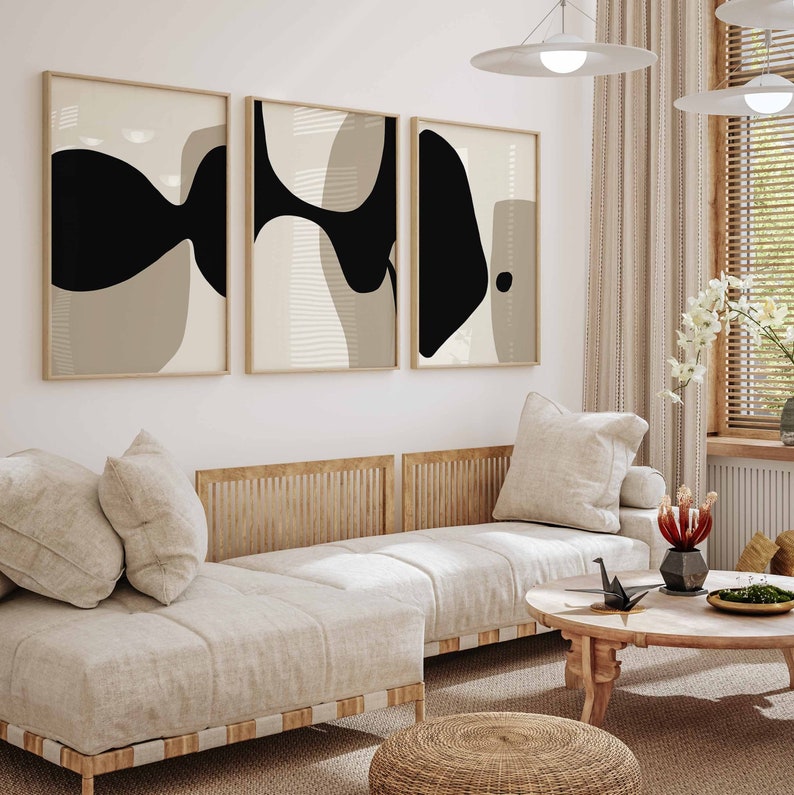 Modern Minimal Neutral Gallery Wall Art Set of 3 Black and Beige Abstract