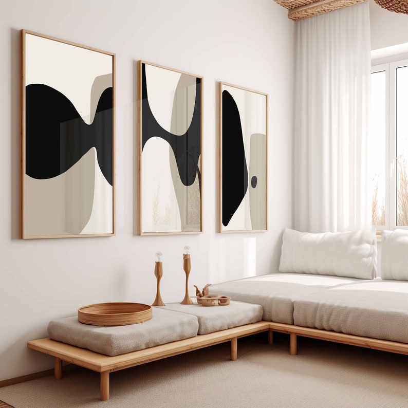 Modern Minimal Neutral Gallery Wall Art Set of 3 Black and Beige Abstract