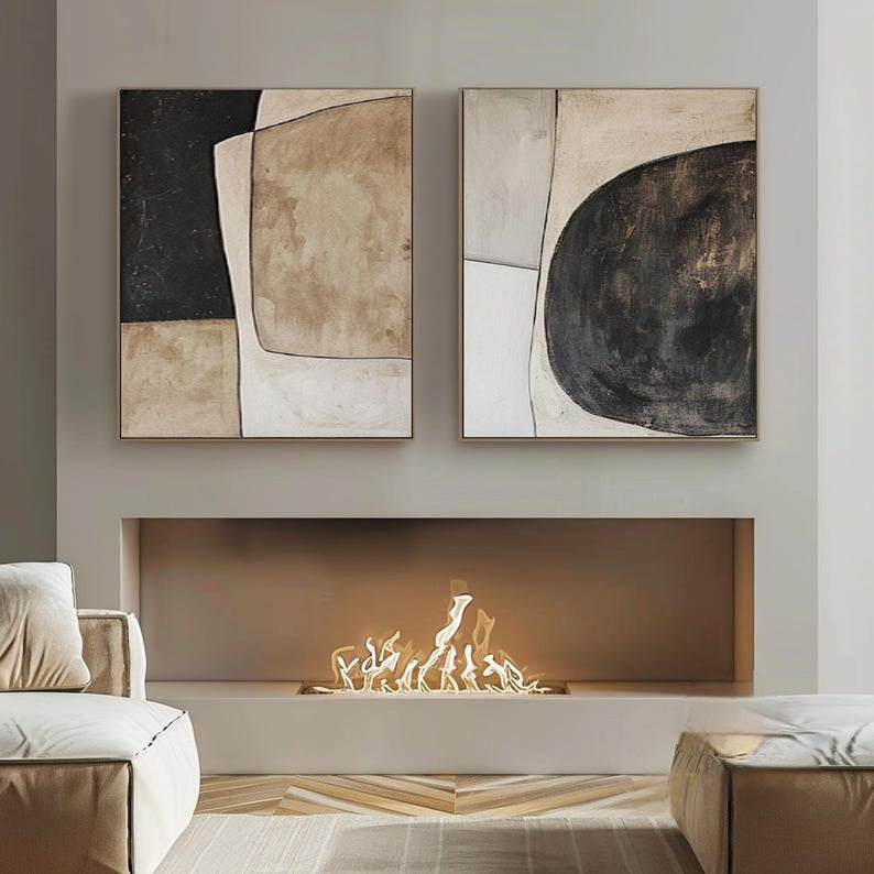 Large Beige Black Wabi-Sabi, Neutral Minimalist Wall Art Set of 2