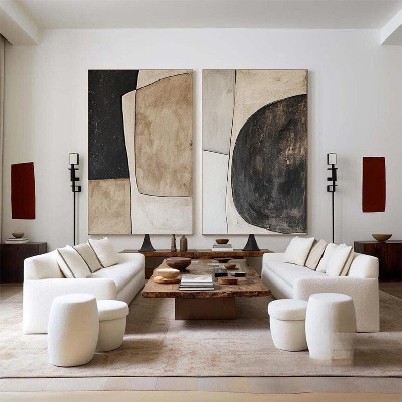 Large Beige Black Wabi-Sabi, Neutral Minimalist Wall Art Set of 2