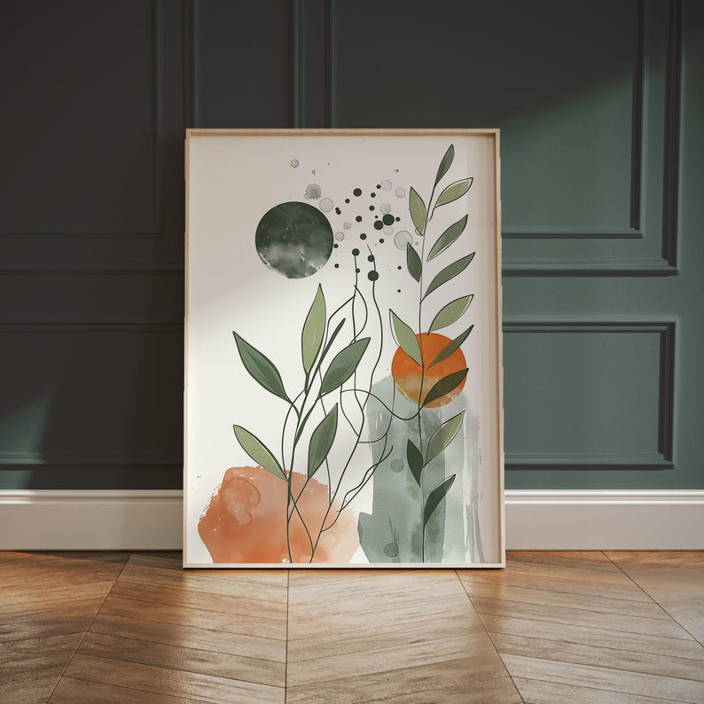 Botanical, Watercolor, Nordic, Green Orange Sage Green.