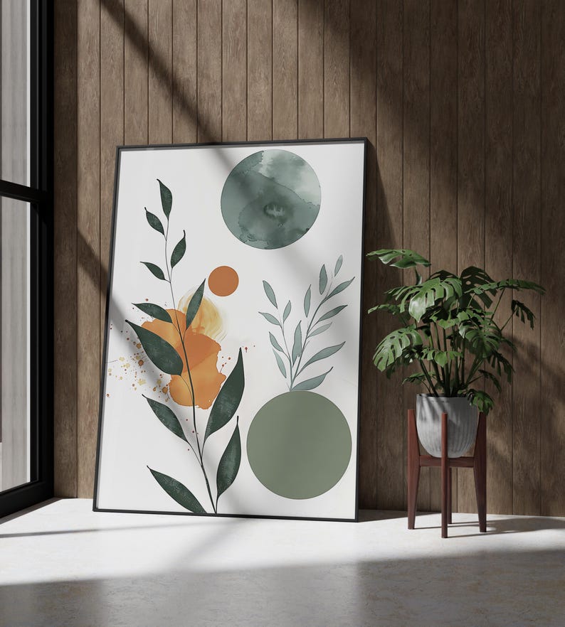 Botanical, Watercolor, Nordic, Green Orange Sage Green.