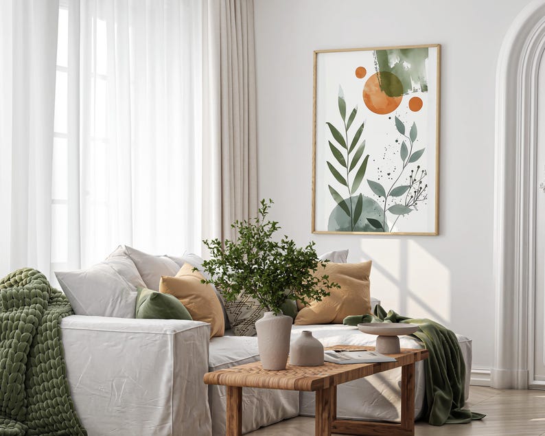 Botanical, Watercolor, Nordic, Green Orange Sage Green.