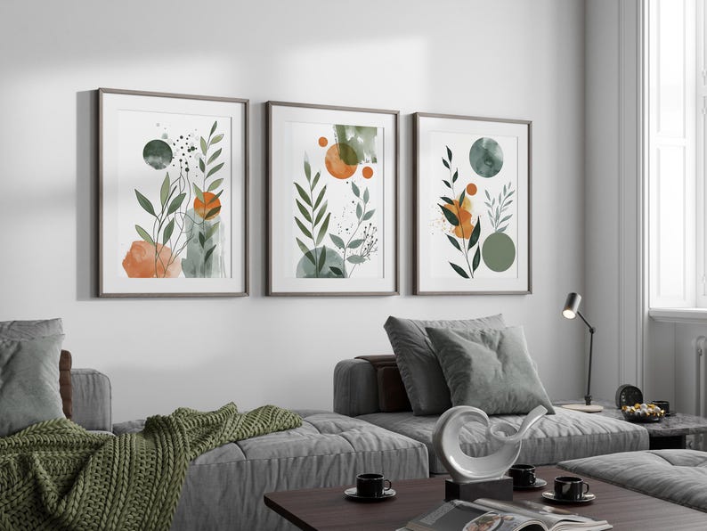 Botanical, Watercolor, Nordic, Green Orange Sage Green.