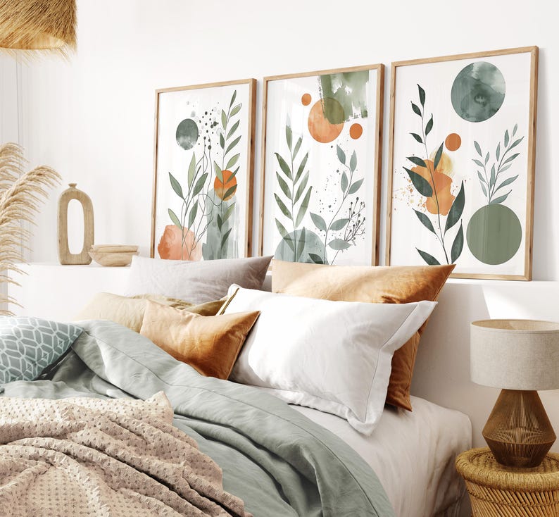 Botanical, Watercolor, Nordic, Green Orange Sage Green.