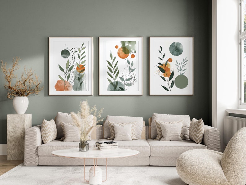 Botanical, Watercolor, Nordic, Green Orange Sage Green.