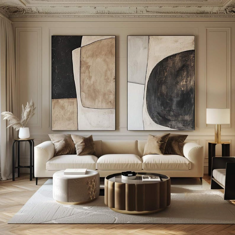 Large Beige Black Wabi-Sabi, Neutral Minimalist Wall Art Set of 2