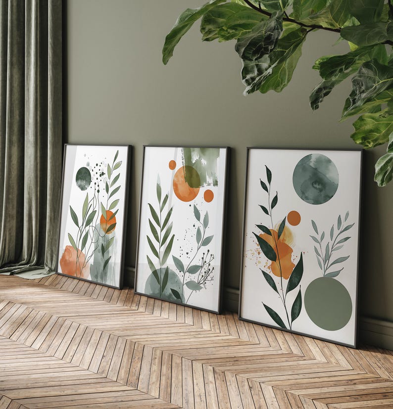 Botanical, Watercolor, Nordic, Green Orange Sage Green.