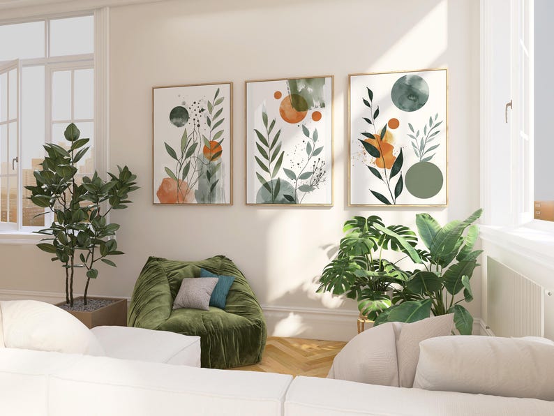 Botanical, Watercolor, Nordic, Green Orange Sage Green.