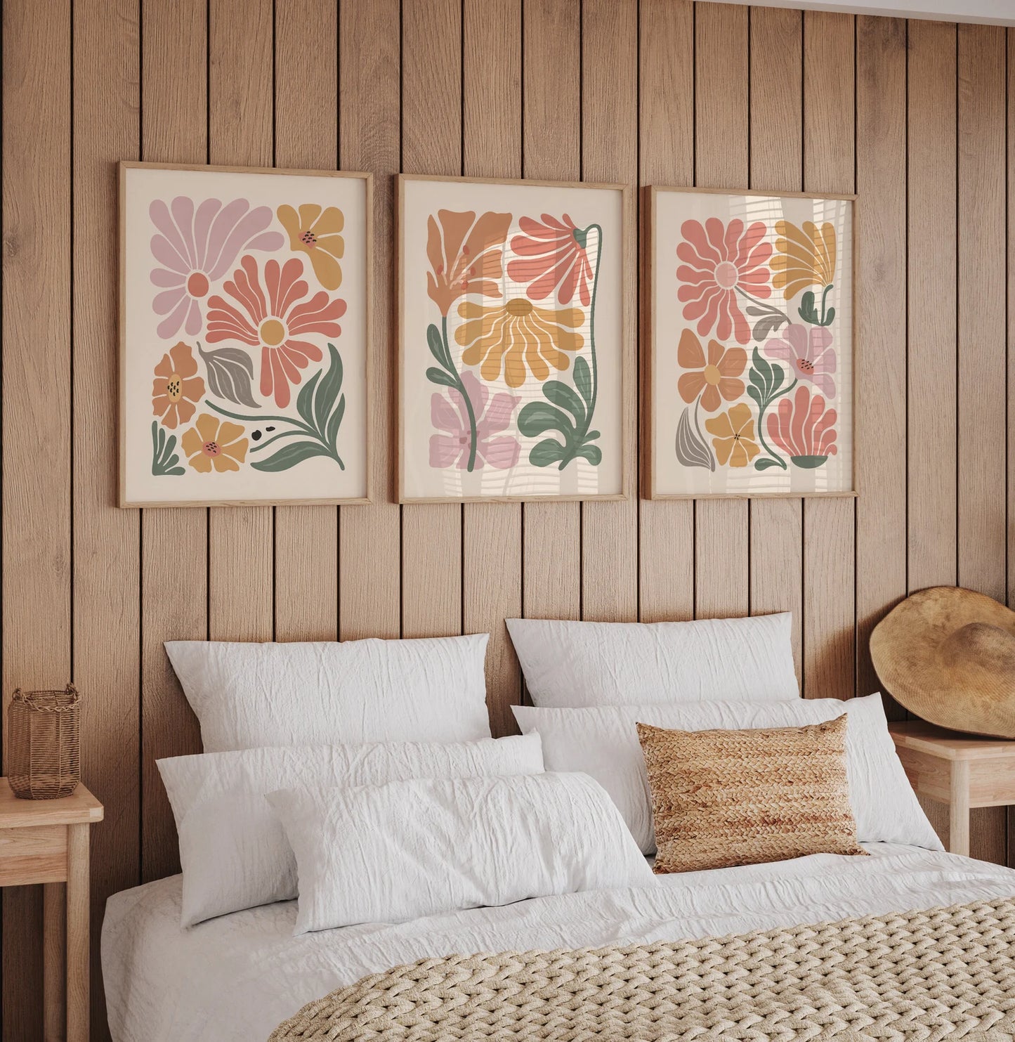 Boho Abstract Flowers Set of 3, Terracotta, Vintage.