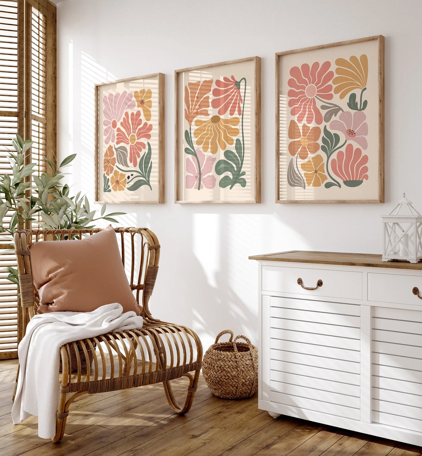 Boho Abstract Flowers Set of 3, Terracotta, Vintage.
