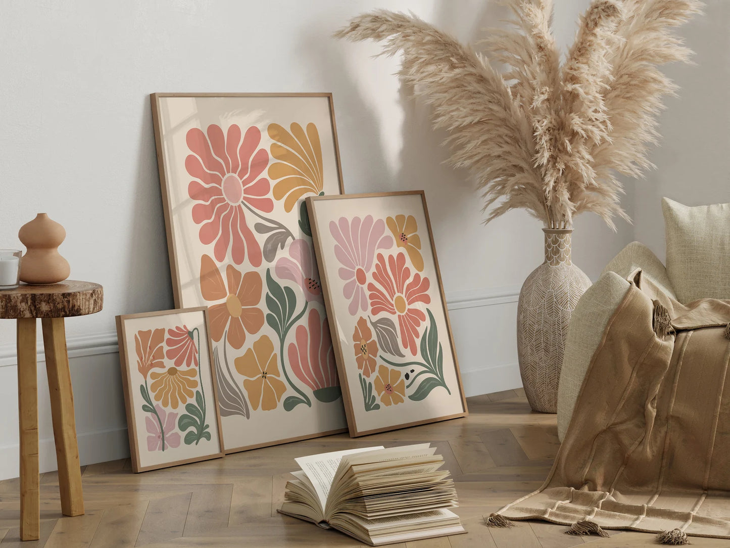 Boho Abstract Flowers Set of 3, Terracotta, Vintage.