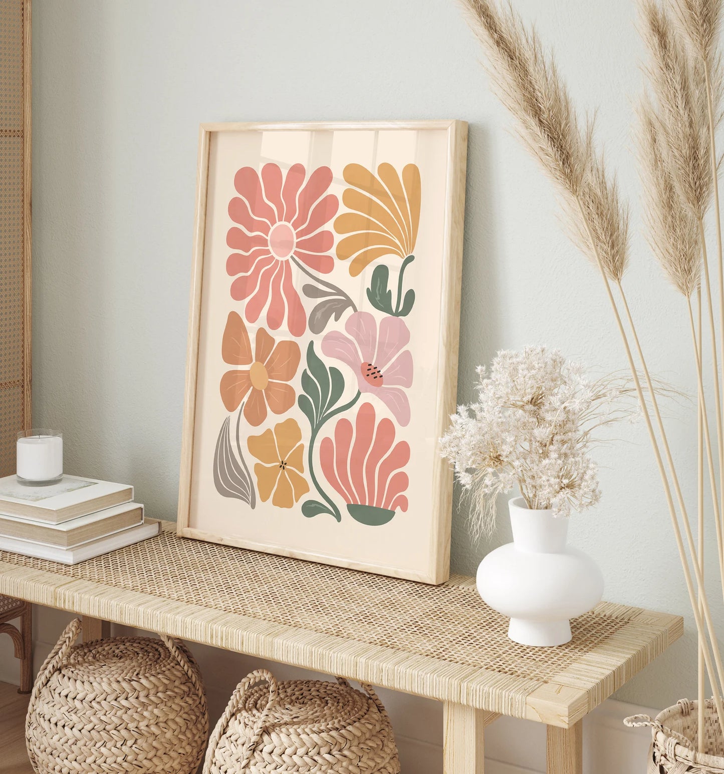 Boho Abstract Flowers Set of 3, Terracotta, Vintage.