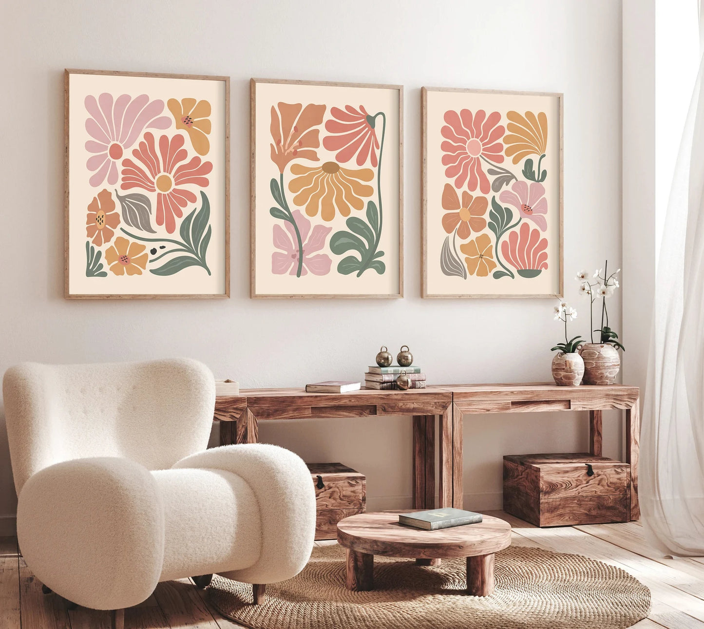 Boho Abstract Flowers Set of 3, Terracotta, Vintage.