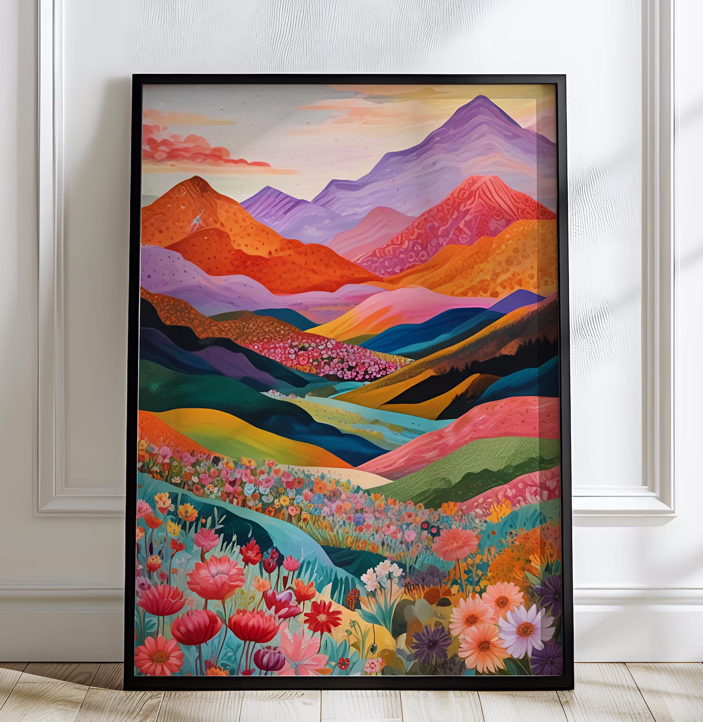 Colorful Mountain Landscape, Vibrant Floral Valley, Patchwork.