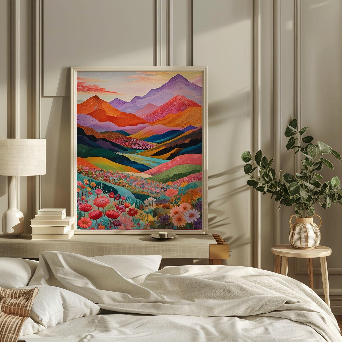 Colorful Mountain Landscape, Vibrant Floral Valley, Patchwork.