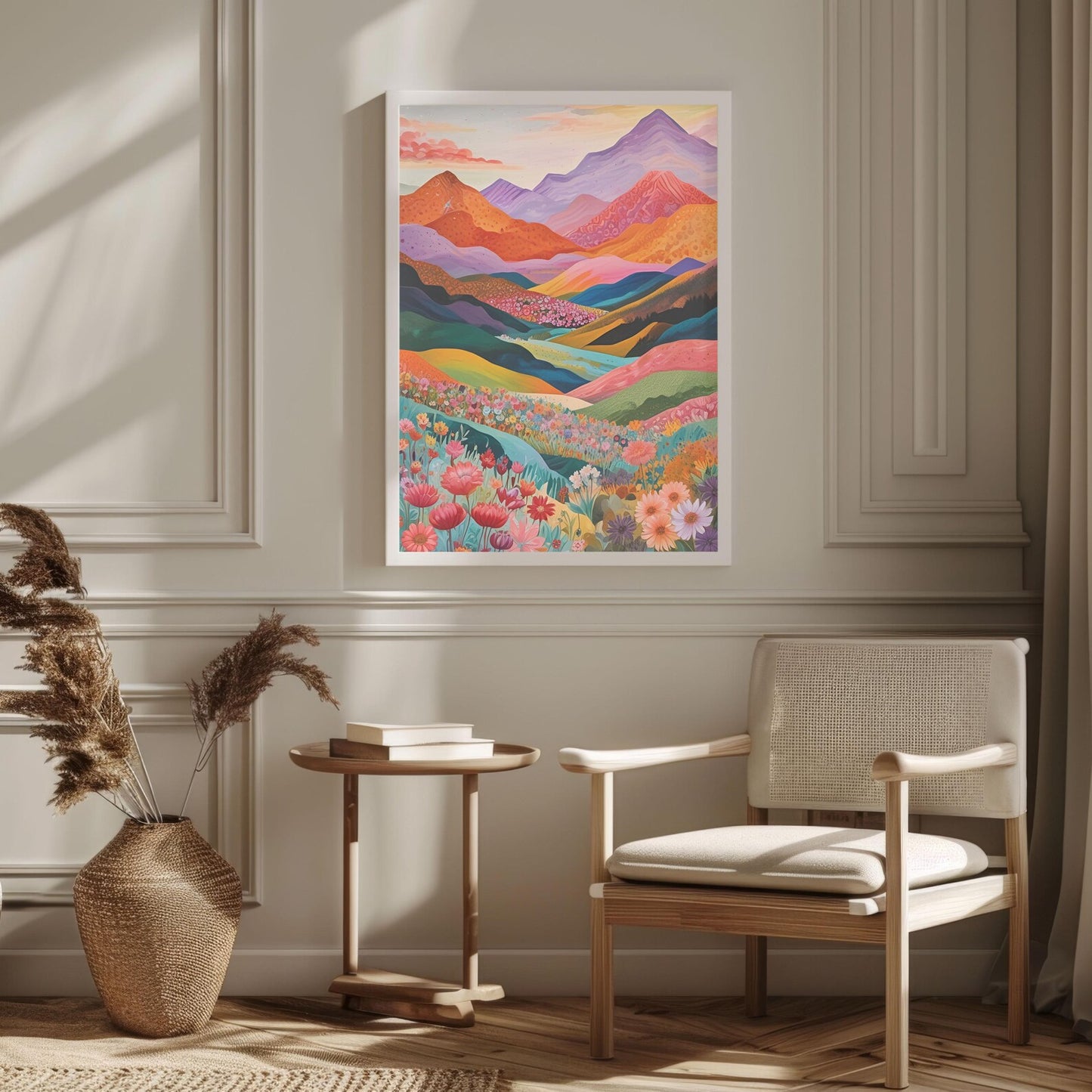 Colorful Mountain Landscape, Vibrant Floral Valley, Patchwork.