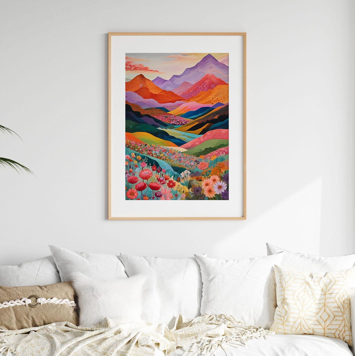 Colorful Mountain Landscape, Vibrant Floral Valley, Patchwork.