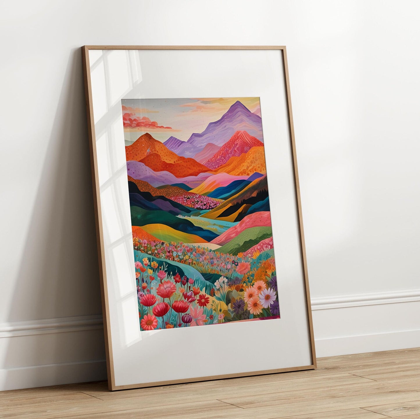 Colorful Mountain Landscape, Vibrant Floral Valley, Patchwork.