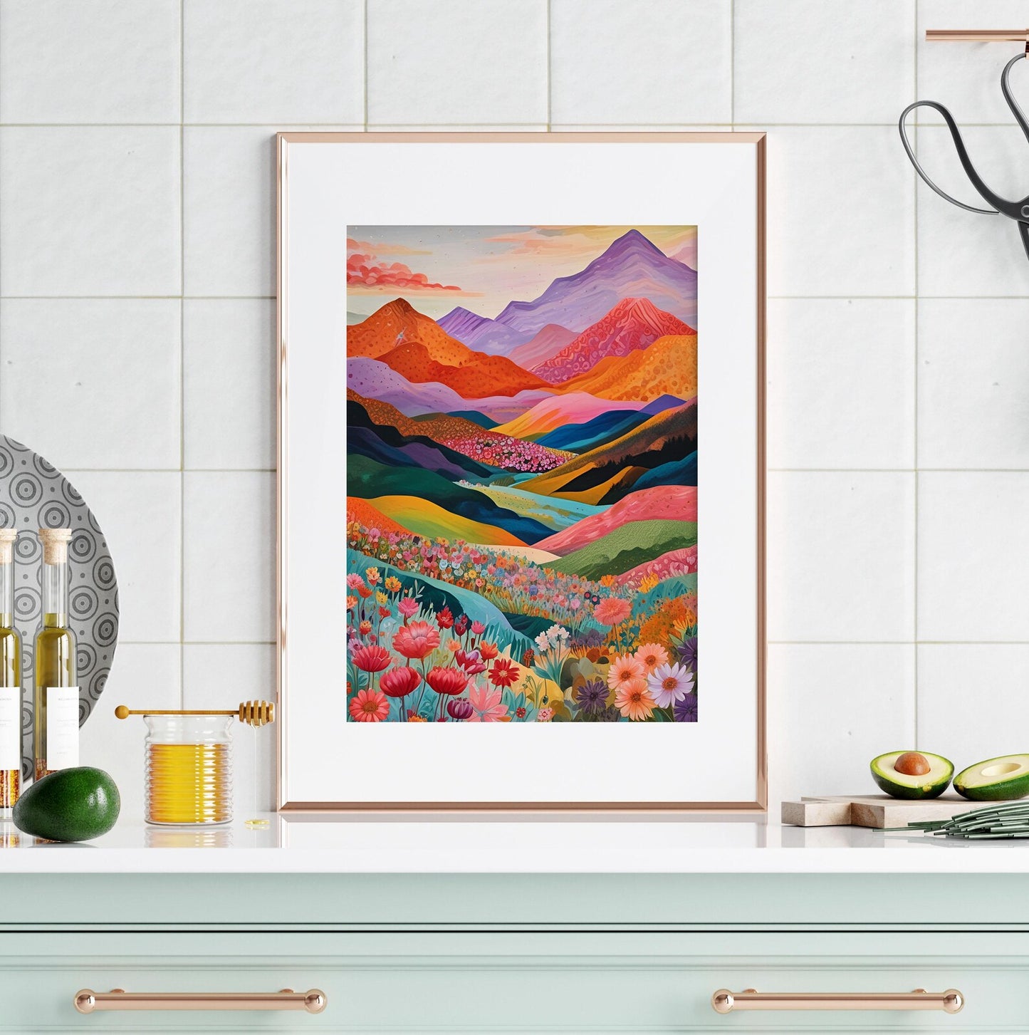 Colorful Mountain Landscape, Vibrant Floral Valley, Patchwork.